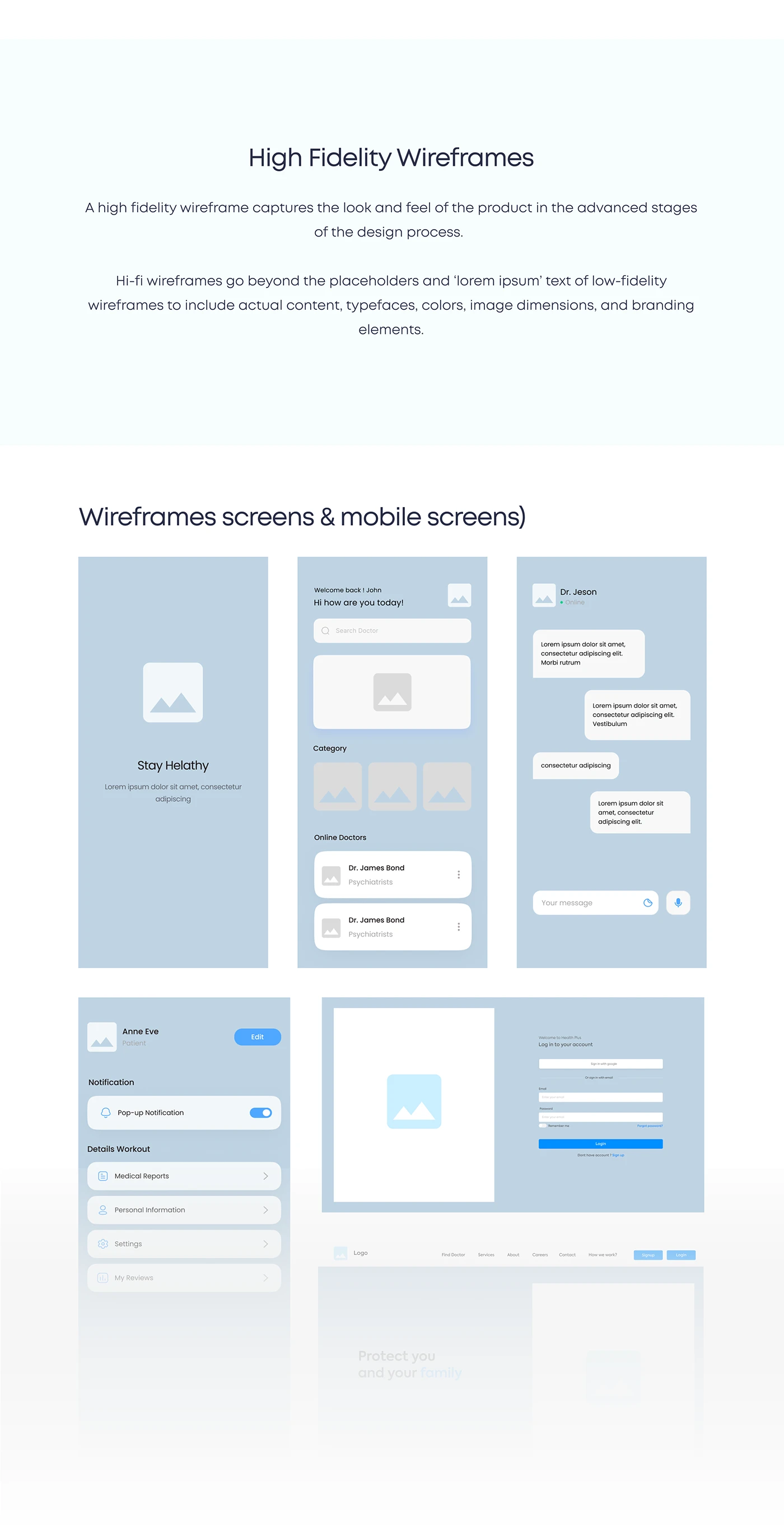 Wireframe versus high-fidelity mobile screens — Wireframes
